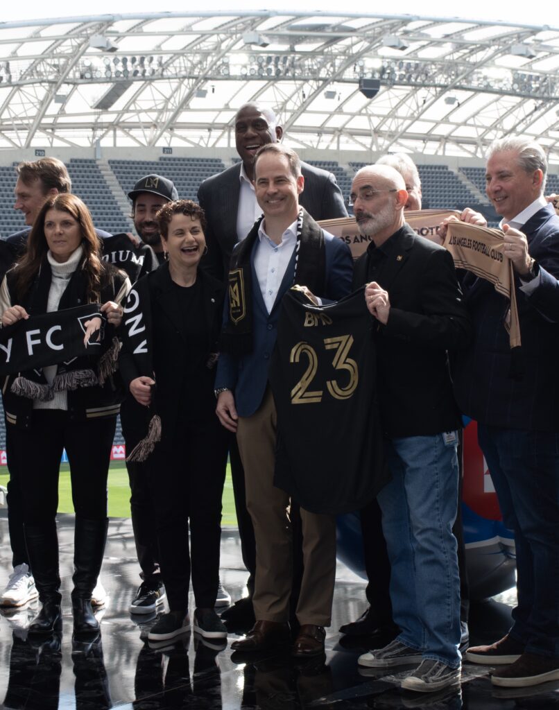 Magic Johnson, alongside fellow LAFC and Angel City FC owners, joined BMO executives at the stadium’s renaming ceremony. - Photo by Luke Netzley