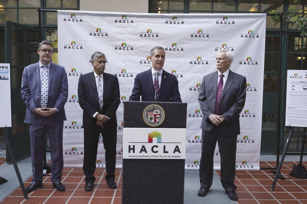 Mayor Eric Garcetti joins the Housing Authority of the City of Los Angeles to announce the opening of the online Section 8 Waiting List Lottery, which begins on Monday, Oct. 17. - Photo courtesy of HACLA