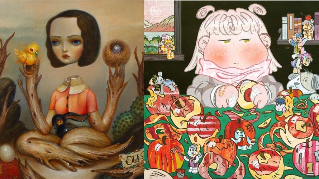 Right, Jesús Aguado’s new series “Too Many Muses” will be featured in the “The Power of Three” exhibition at the Corey Helford Gallery. Left, Sun-Mi will debut her new series, “Good Mourning,” at the “The Power of Three” exhibition, which opens on Saturday, March 11. - Photo courtesy of Corey Helford Gallery