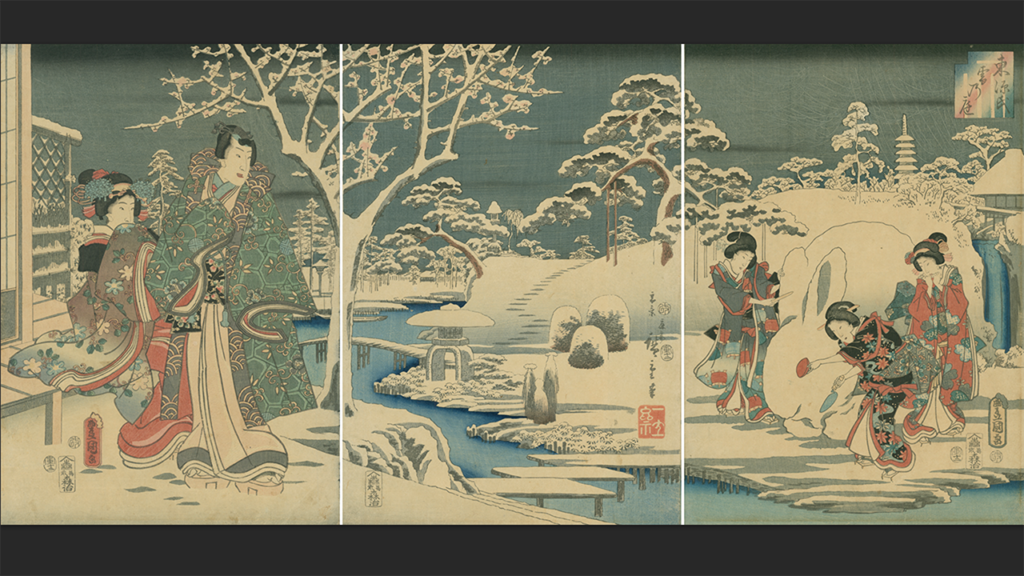 “Tale of Genji: Murasaki and Genji Enjoying the Snow” by Utagawa Kunisada and Utagawa Hiroshige (1854). - Photo courtesy of Scripps College