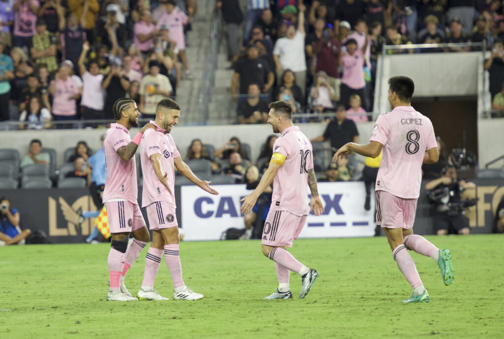DeAndre Yedlin, Jordi Alba, Lionel Messi and Diego Gomez celebrate after Miami's second goal. - Photo by Luke Netzley