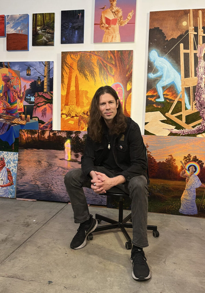 Los Angeles painter Adrian Cox’s studio practice involves crafting an intricate mythology with his artwork, in which he explores questions of identity, spirituality, and humanity’s relationship with the natural world. - Photo courtesy of Corey Helford Gallery